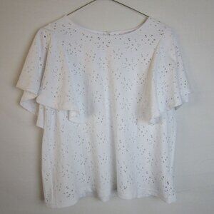 Nanette Lepore White Floral Laser Cut Ruffle Blouse Women's Medium